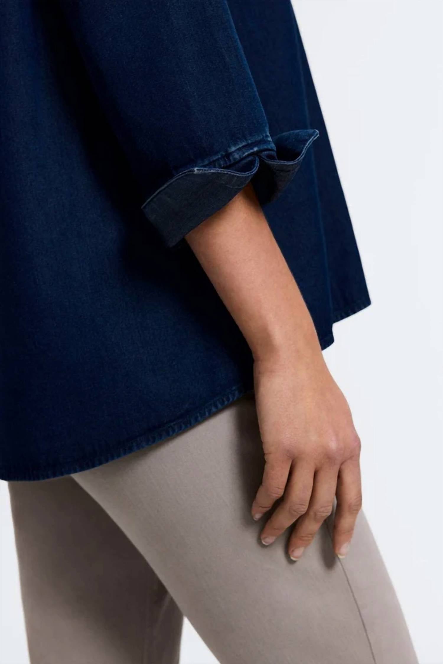 Foxcroft Agnes Tencel Denim 3/4 Sleeve Popover Shirt in dark wash navy denim - women's blouse - view 4
