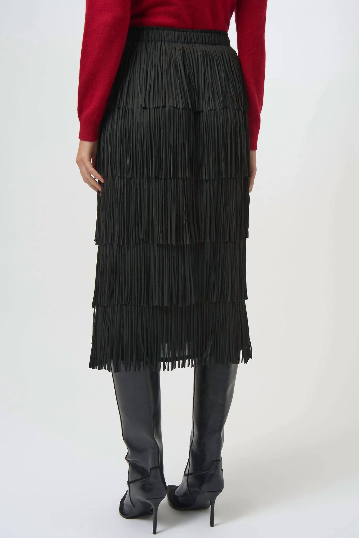 Joseph Ribkoff - Pleated Pencil Midi Skirt With Tiered Fringes