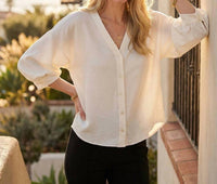 Karen Kane Lantern Sleeve Crystal Rhinestone Button Satin Top in cream - women's blouse - view 6
