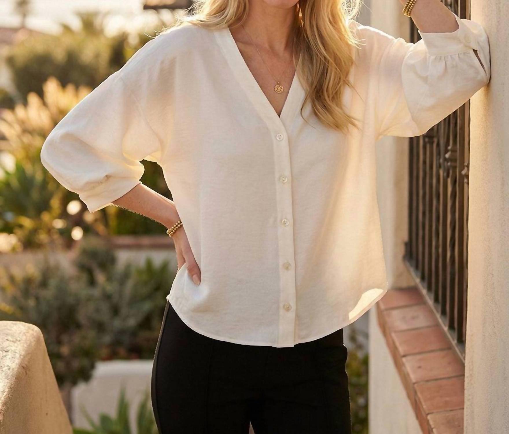 Karen Kane Lantern Sleeve Crystal Rhinestone Button Satin Top in cream - women's blouse - view 6