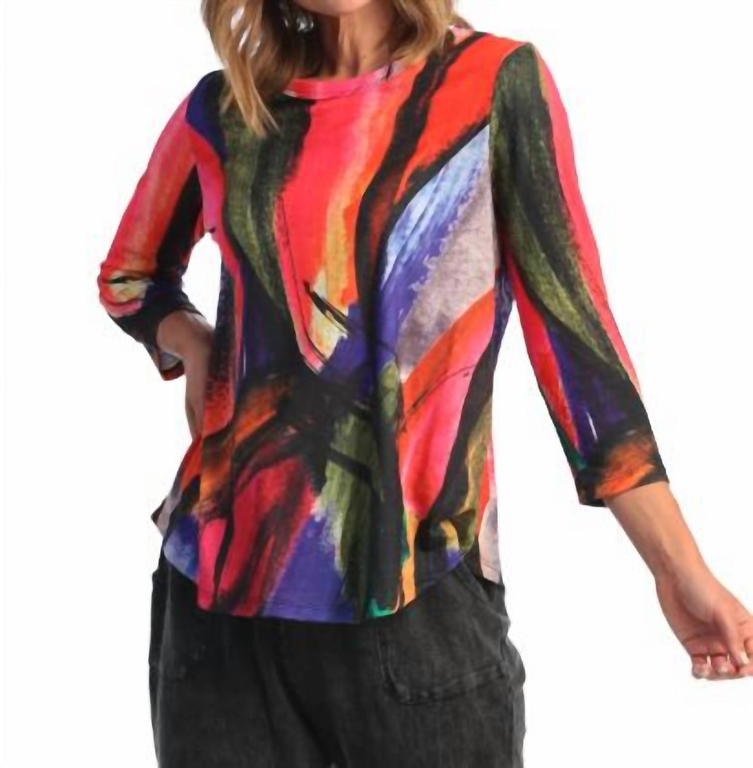 Jess & Jane Vera Sublimation Round Hem Top in abstract multicolor - women's blouse