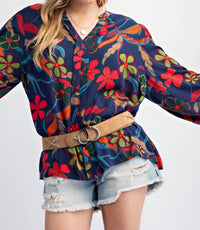 Easel Peach Blossom Floral Gauze Top - Plus in navy - women's blouse - view 5