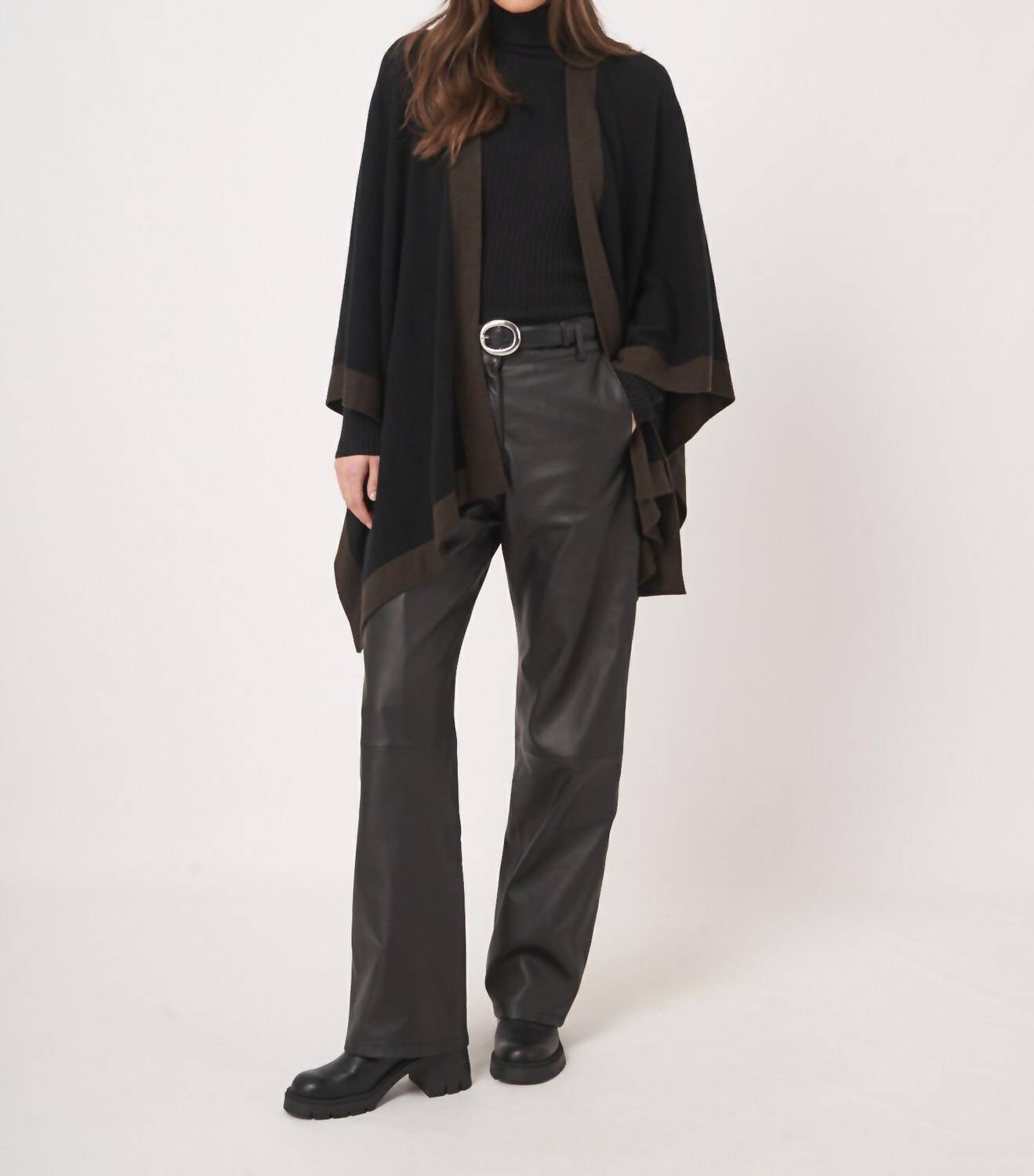 REPEAT cashmere Cashmere Blend Poncho With Contrast Border in black brown - women's sweater - view 6