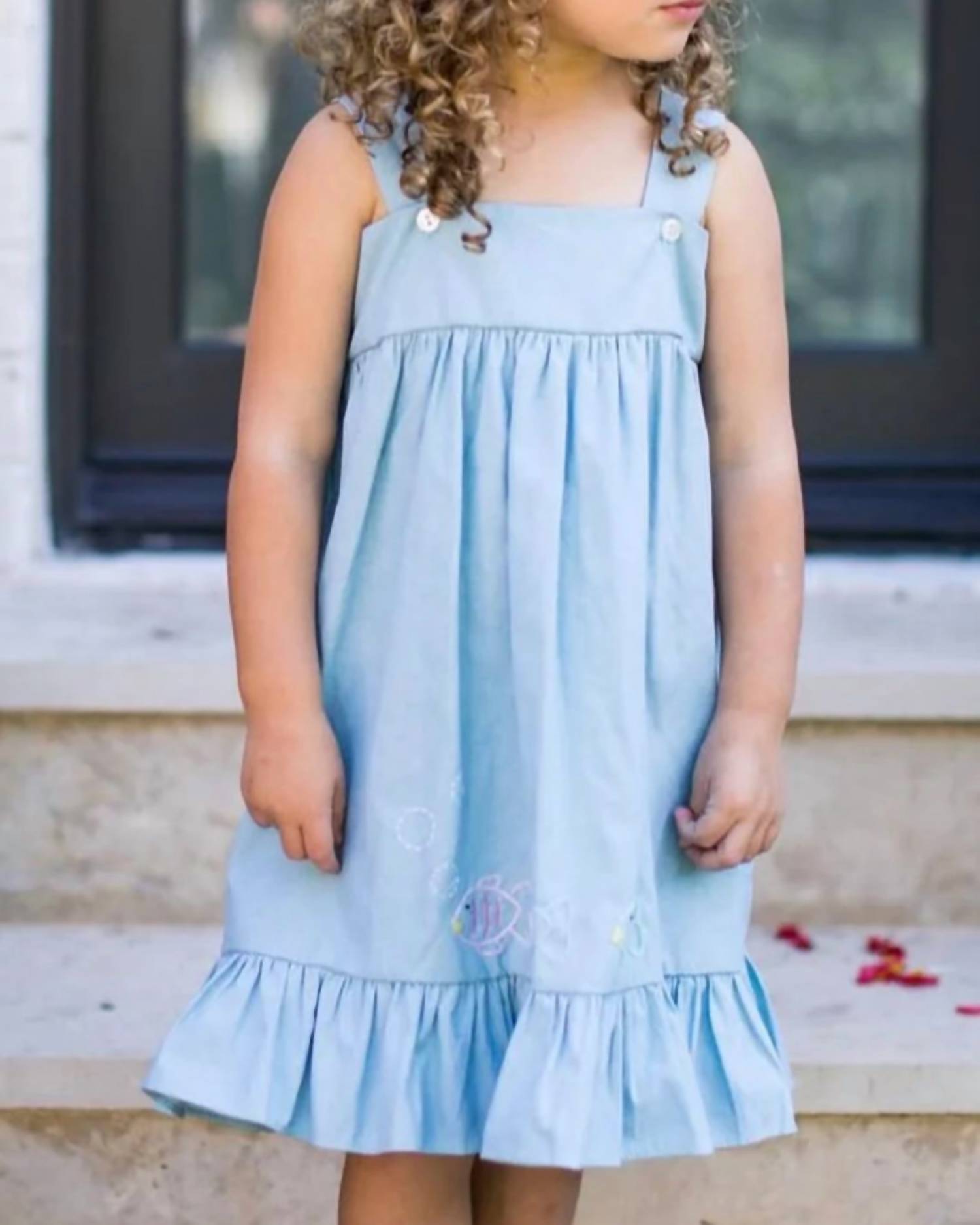 THE PROPER PEONY FINLEY FISH DRESS in blue - kids' dress - detail view