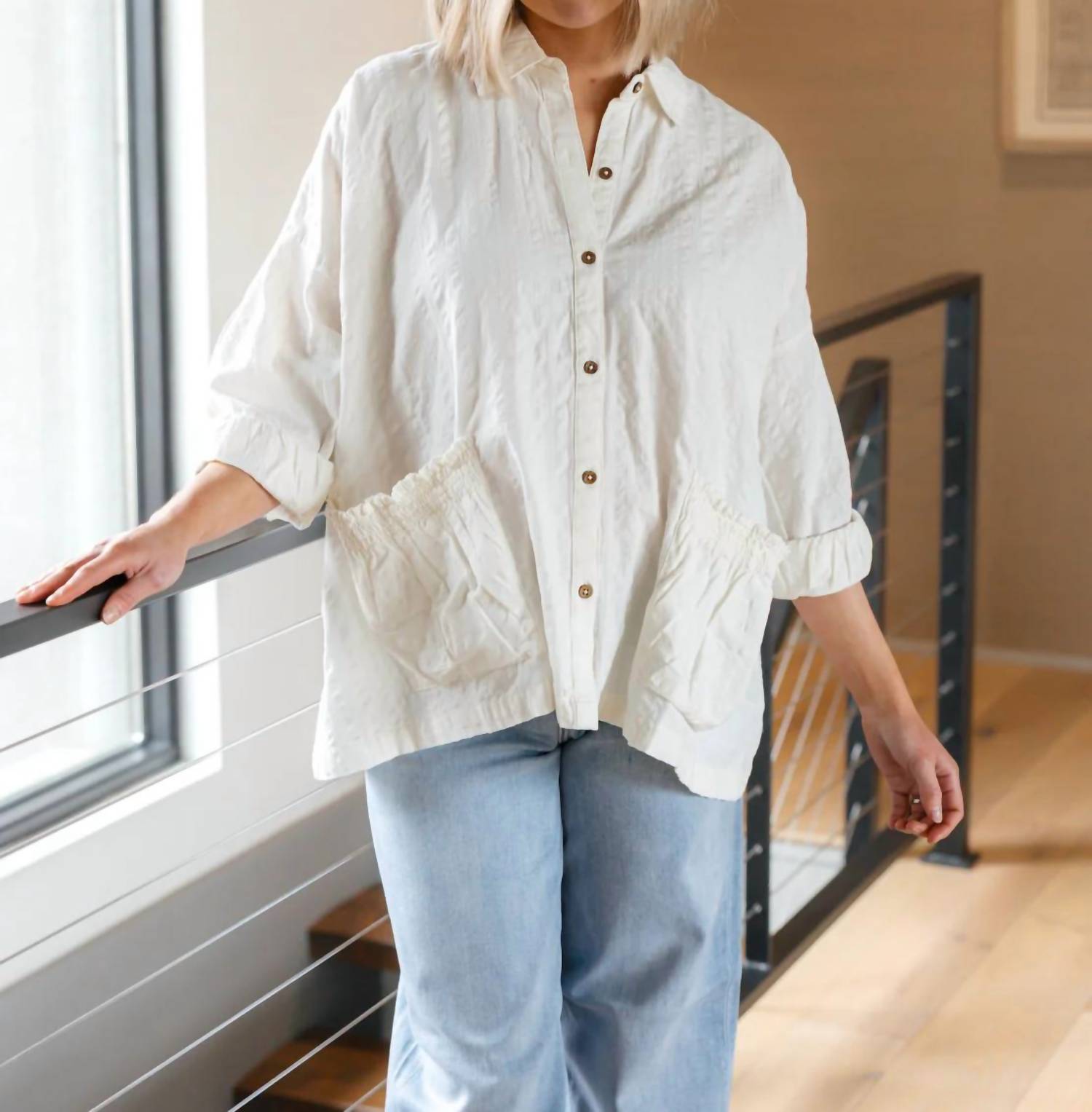 Free People - Just Like Me Relaxed Fit Cotton Seersucker Shirt
