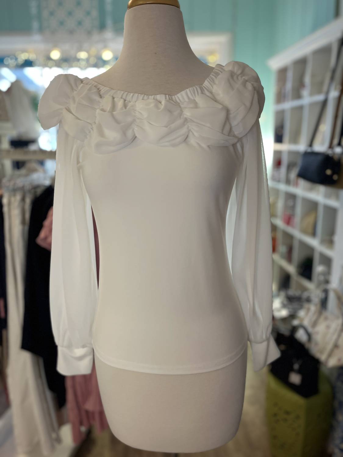 AZI Women's Chelsea Ruched neckline Blouse in white - women's blouse - alternate view
