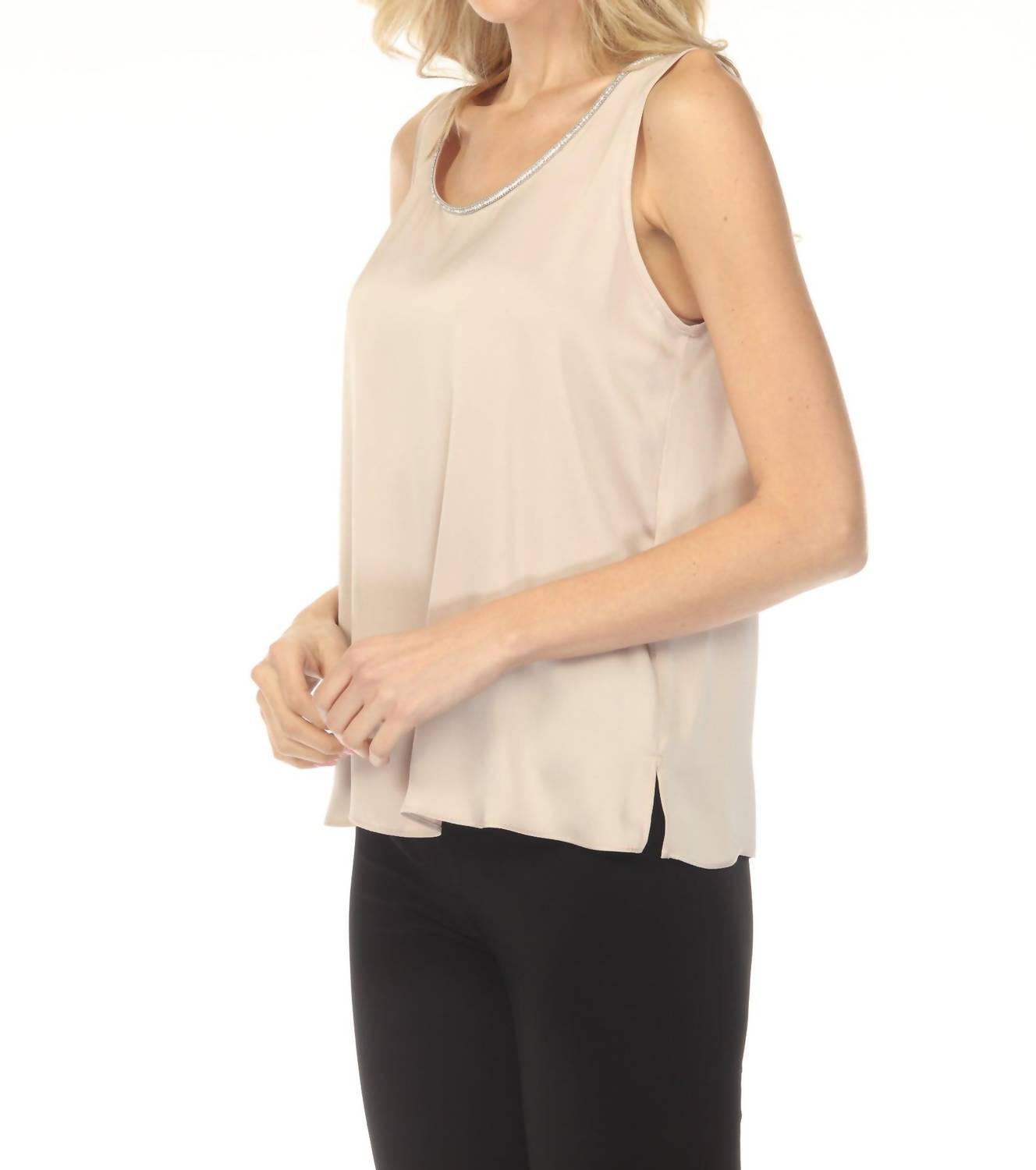 Joseph Ribkoff - Rhinestone Trim Scoop Neck Satin Top
