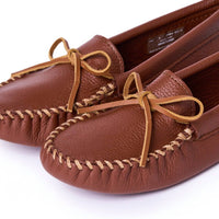 MINNETONKA Men's Soft Sole Moccasin in cherry - men's loafer - detail view
