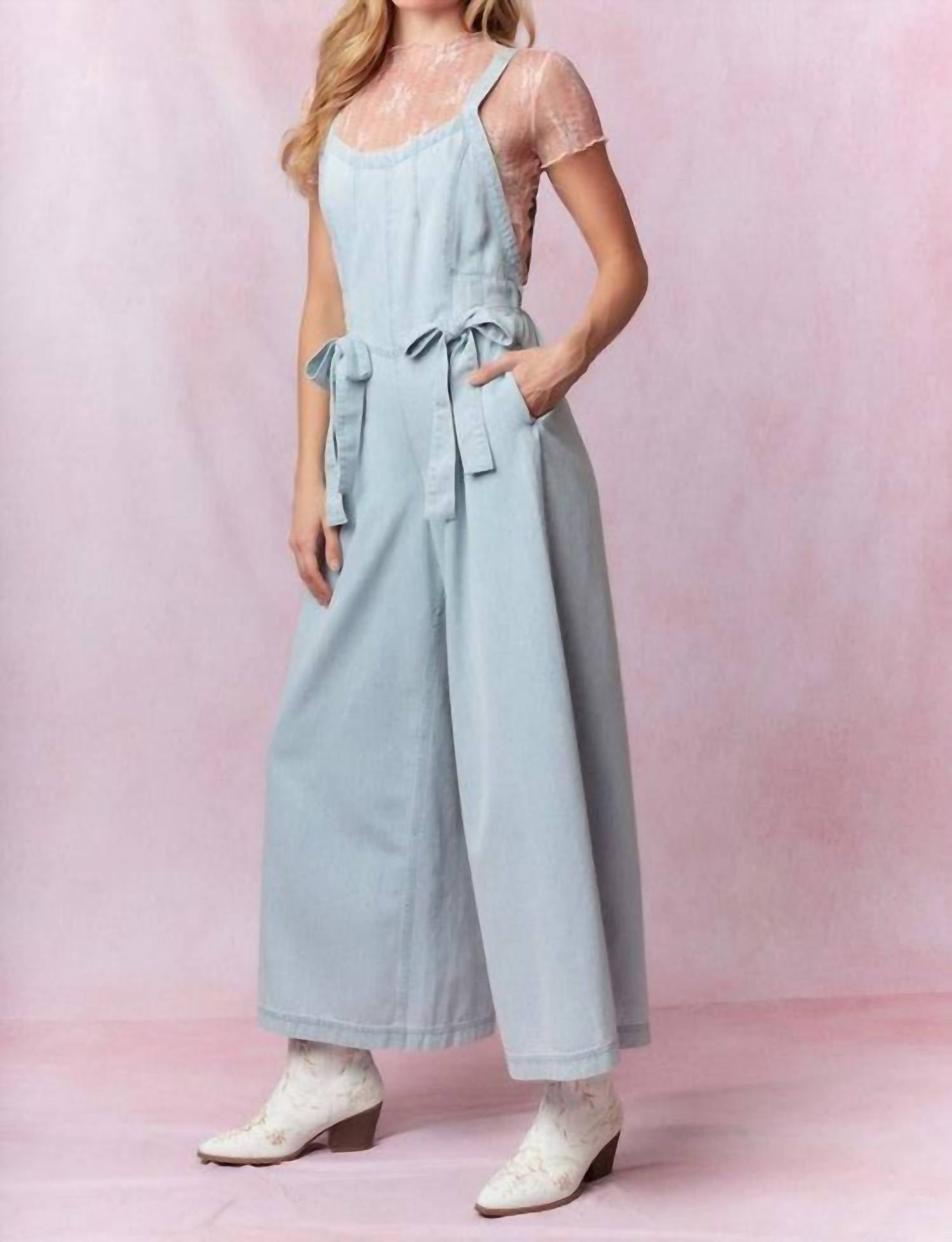 Peach Love - The Deja Sleepless Denim Bow Jumpsuit