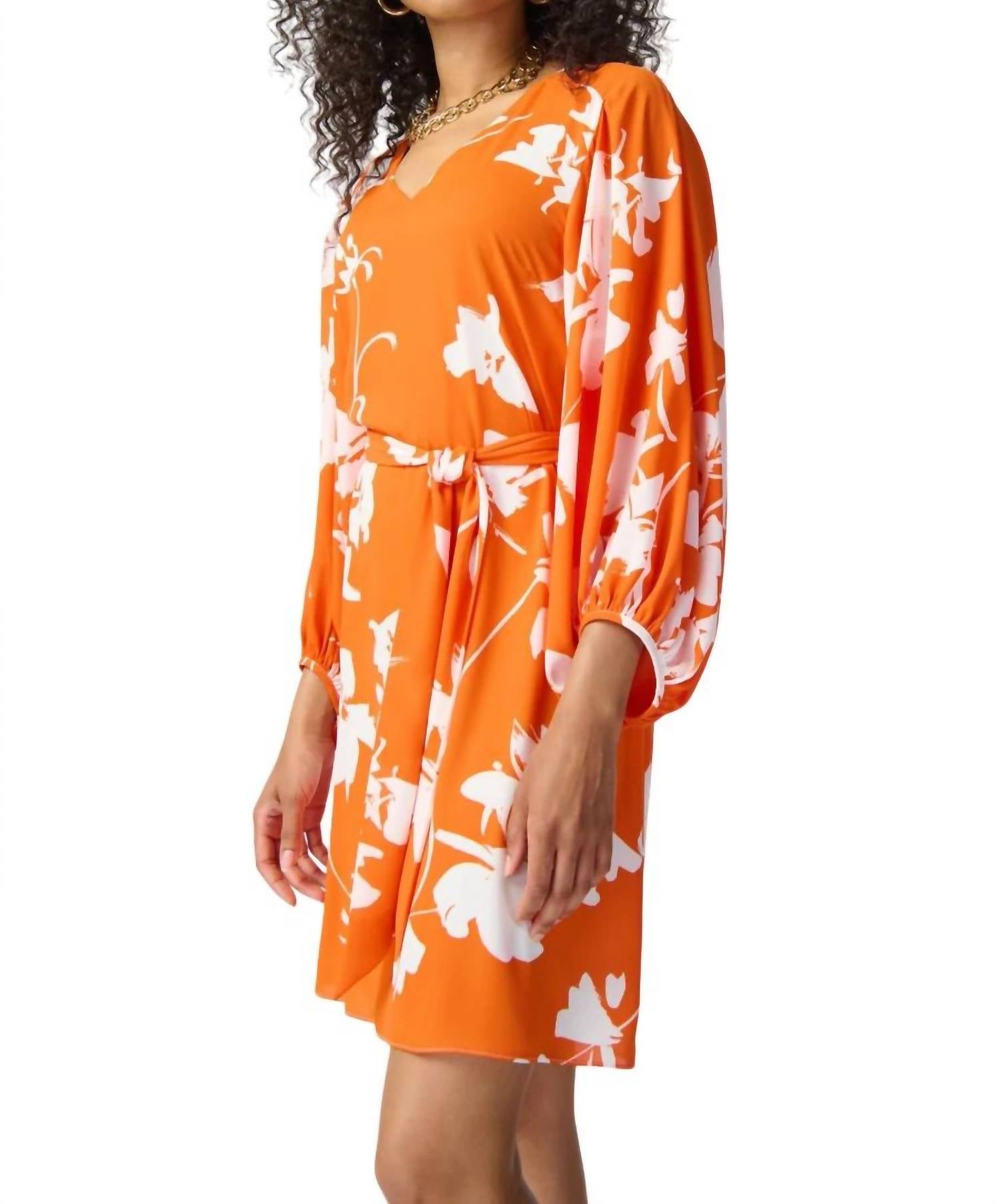 Joseph Ribkoff Floral V Neck Dress in mandarin vanilla - women's dress - detail view