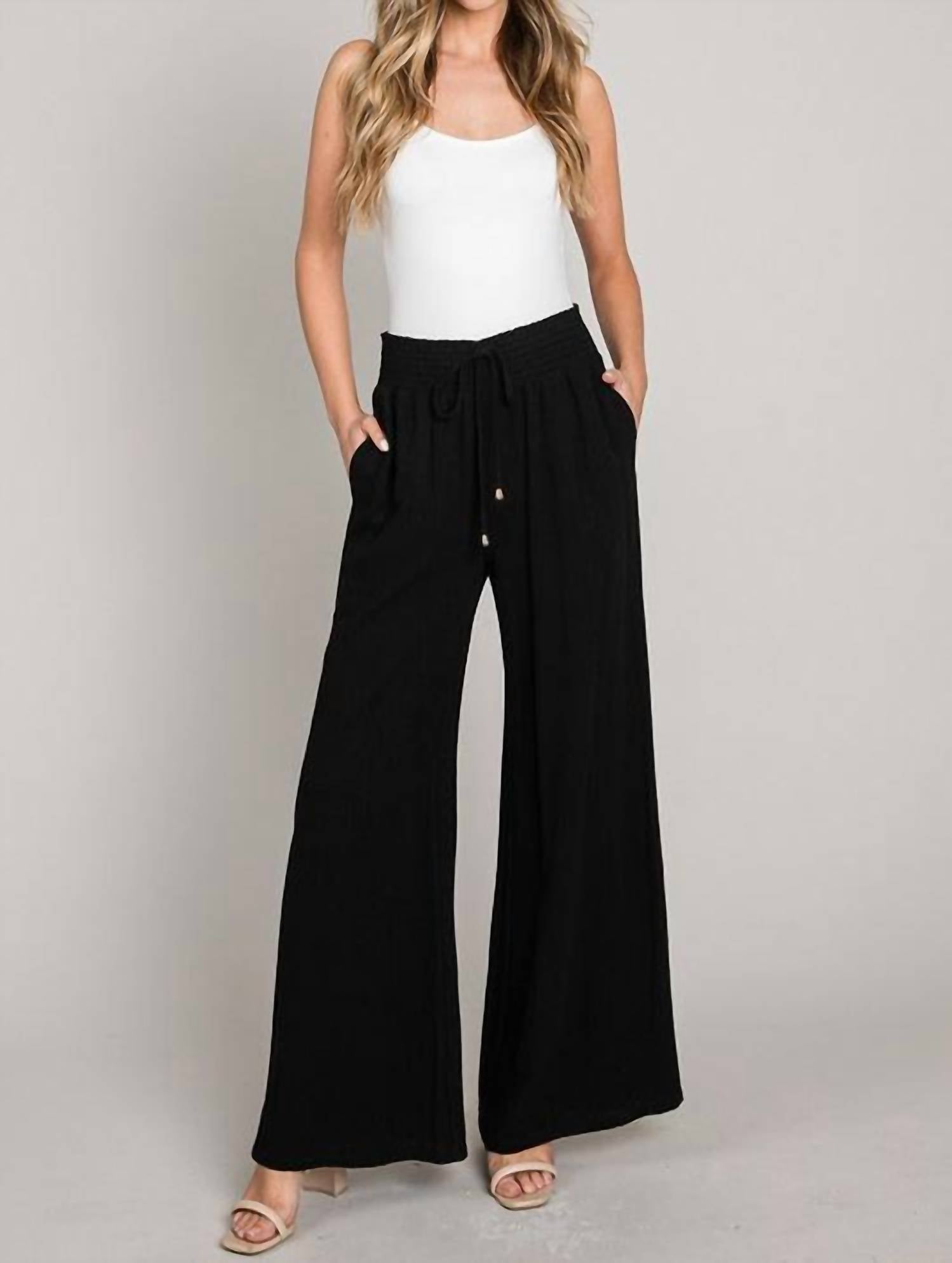 ALLIE ROSE Drawstring Wide Leg Pant - Plus in black - women's pants