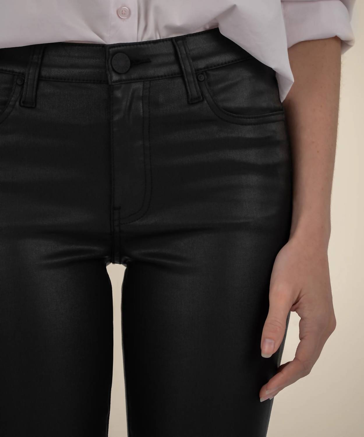 KUT FROM THE KLOTH Kelsey Coated Ankle Flare Pants With Raw Hem in black - women's pants - view 4
