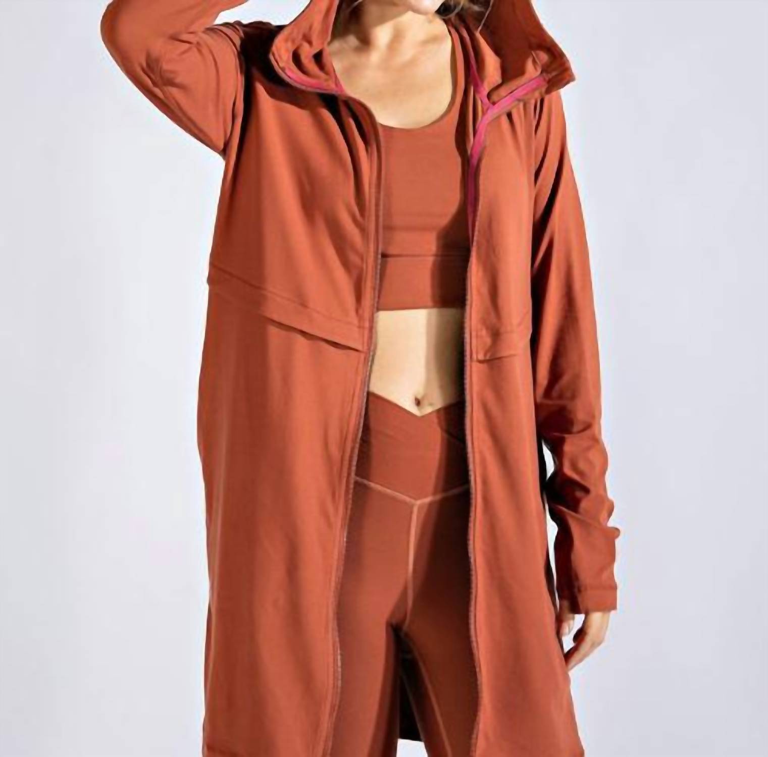 RAE MODE Long Hooded Active Jacket - Plus Size in dark terracotta - women's jacket - detail view
