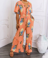 Surelymine - Peach Floral Ruffle Jumpsuit Wide-leg Summer One-piece