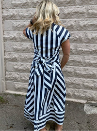 Tcec - Mixed Striped Pattern Button Down Midi Dress