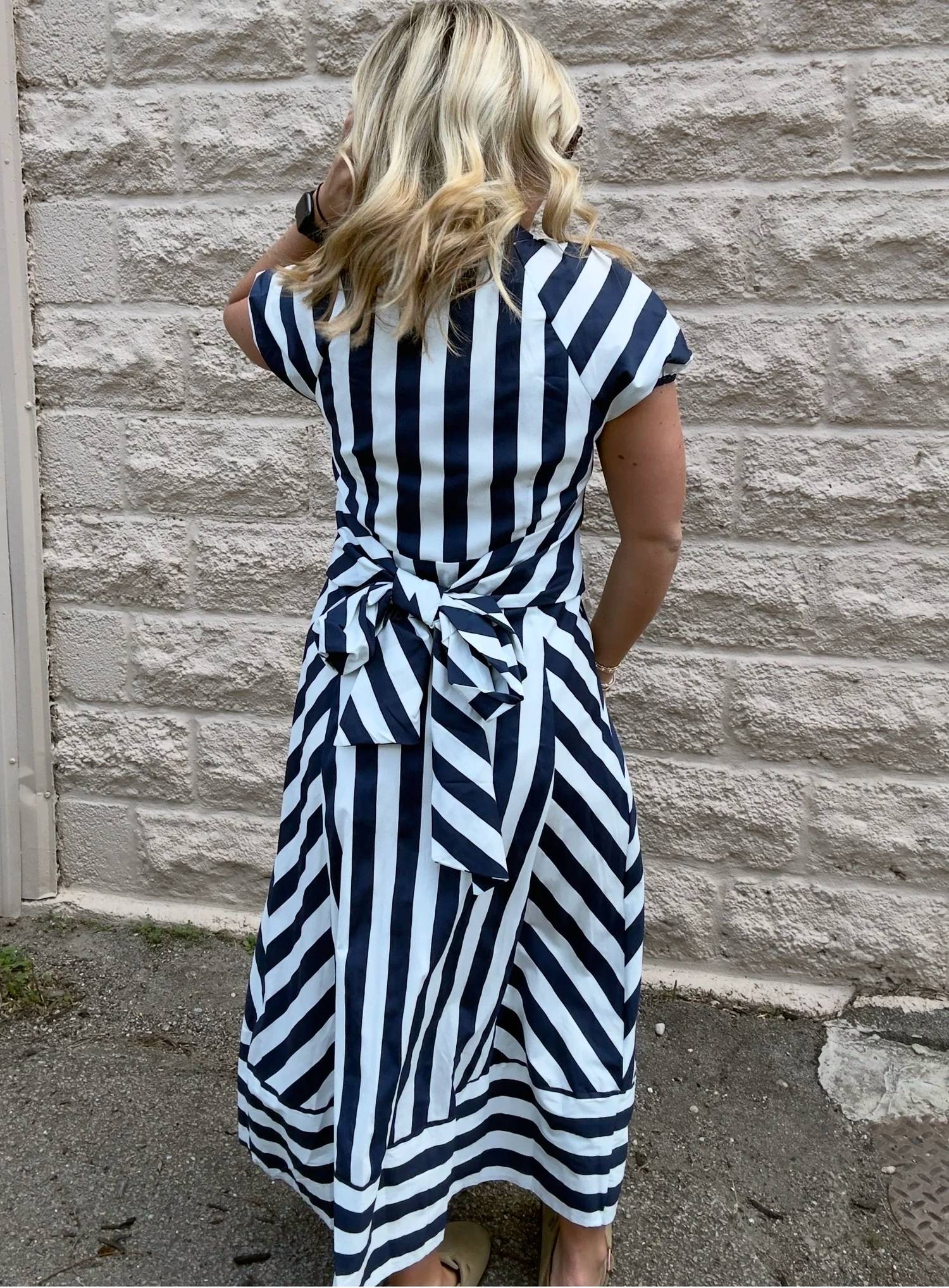 Tcec - Mixed Striped Pattern Button Down Midi Dress