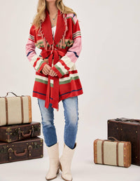 Davi & Dani - Fringe Trim Waist Tie Belt Striped Cardigan - Plus