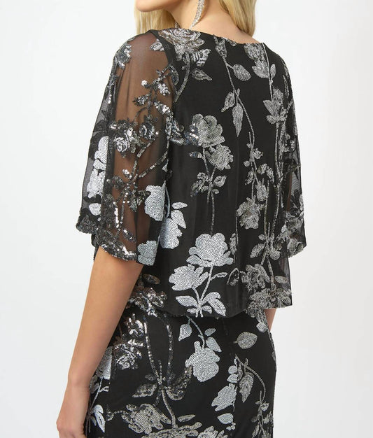 Joseph Ribkoff - Sequin Embroidered Floral Print Boxy Top