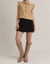 GILLI Peyton Ruffle Detail Jean Vest in taupe denim - women's jacket