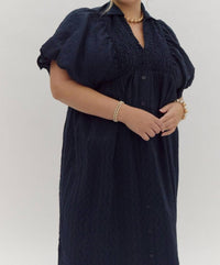 Entro - Textured Puff Sleeve Midi Dress - Plus