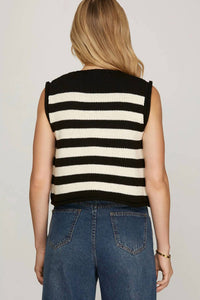 SHE + SKY Sleeveless Striped Button Down Sweater in black - women's sweater - detail view