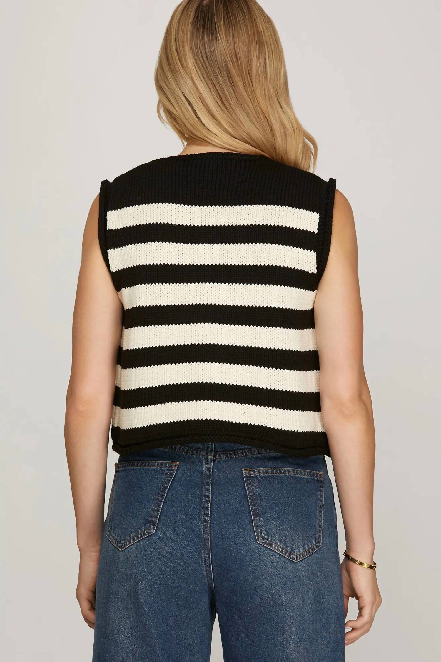 SHE + SKY Sleeveless Striped Button Down Sweater in black - women's sweater - detail view