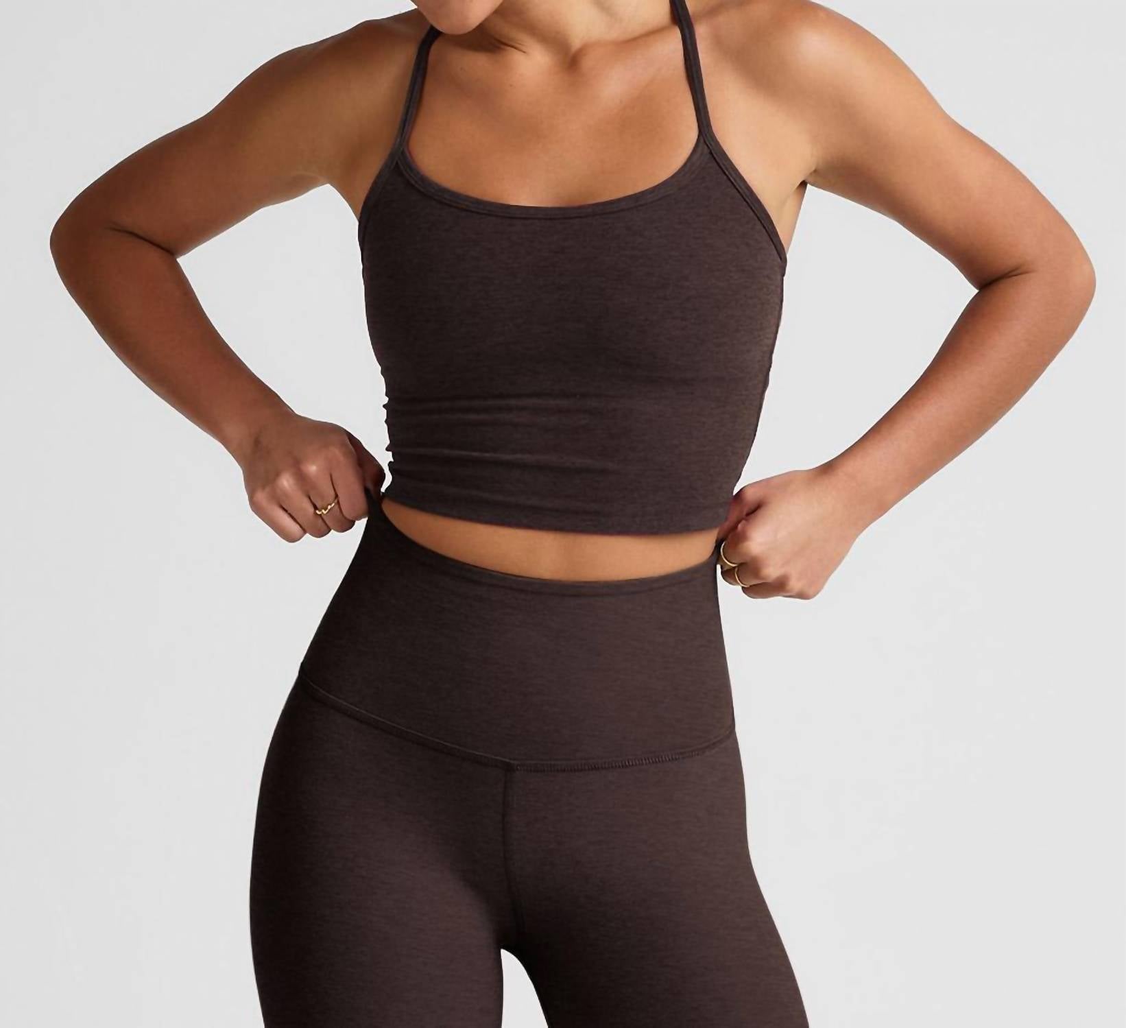 BEYOND YOGA Spacedye Slim Racerback Cropped Tank Top in dark chocolate heather - women's tank top