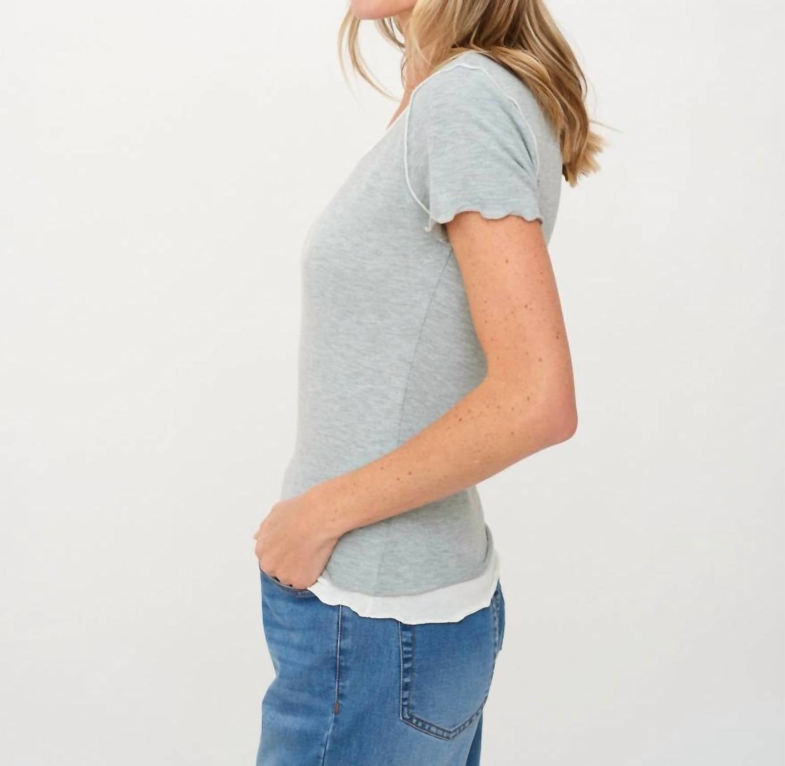 SIX/FIFTY Tessa Layered Short Sleeve Tee in heather grey - women's t-shirt - detail view