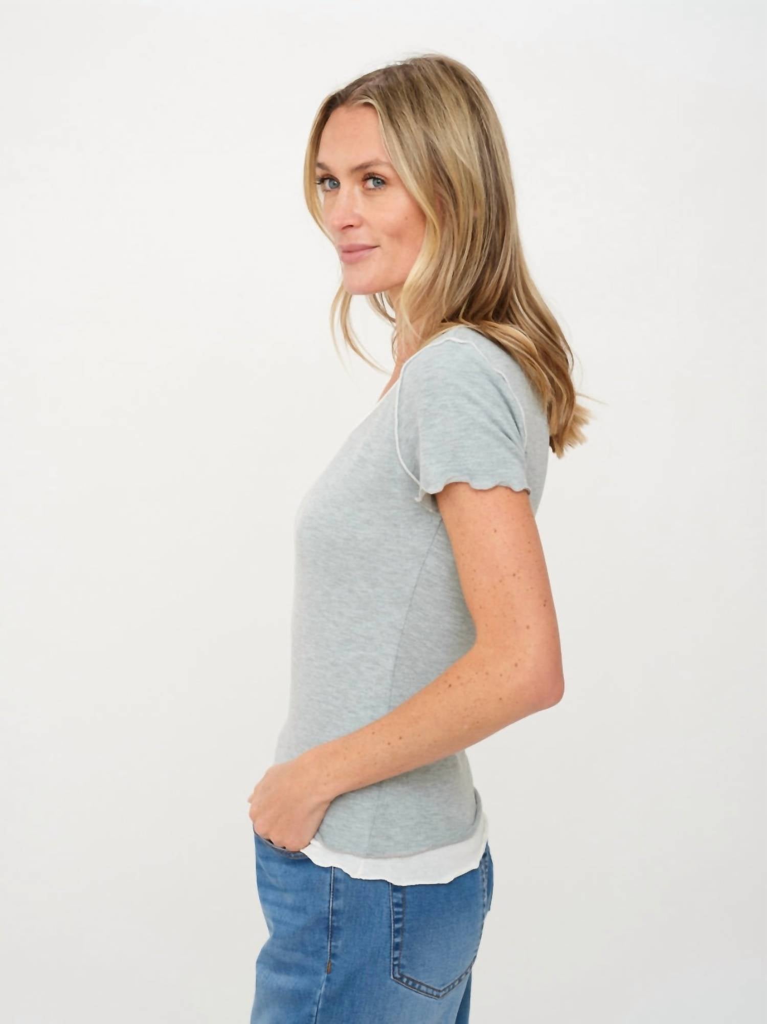 SIX/FIFTY Tessa Layered Short Sleeve Tee in heather grey - women's t-shirt - alternate view