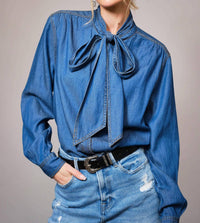 Blue B Tie Neck Hidden Button Chambray Blouse in blue - women's blouse - view 4