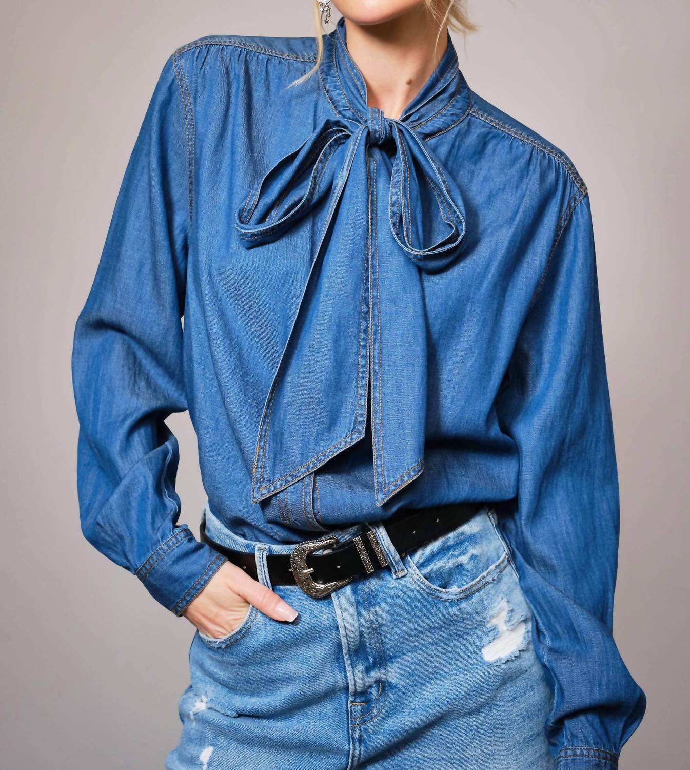 Blue B Tie Neck Hidden Button Chambray Blouse in blue - women's blouse - view 4