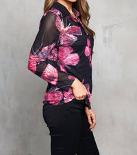 Paparazzi - Mesh Butterfly Print Button Front Lined Shirt