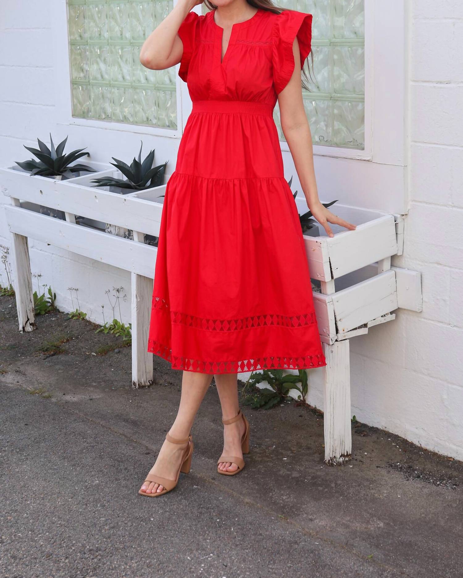 Thml - Ruffled Sleeves V-neck Tiered Midi Dress