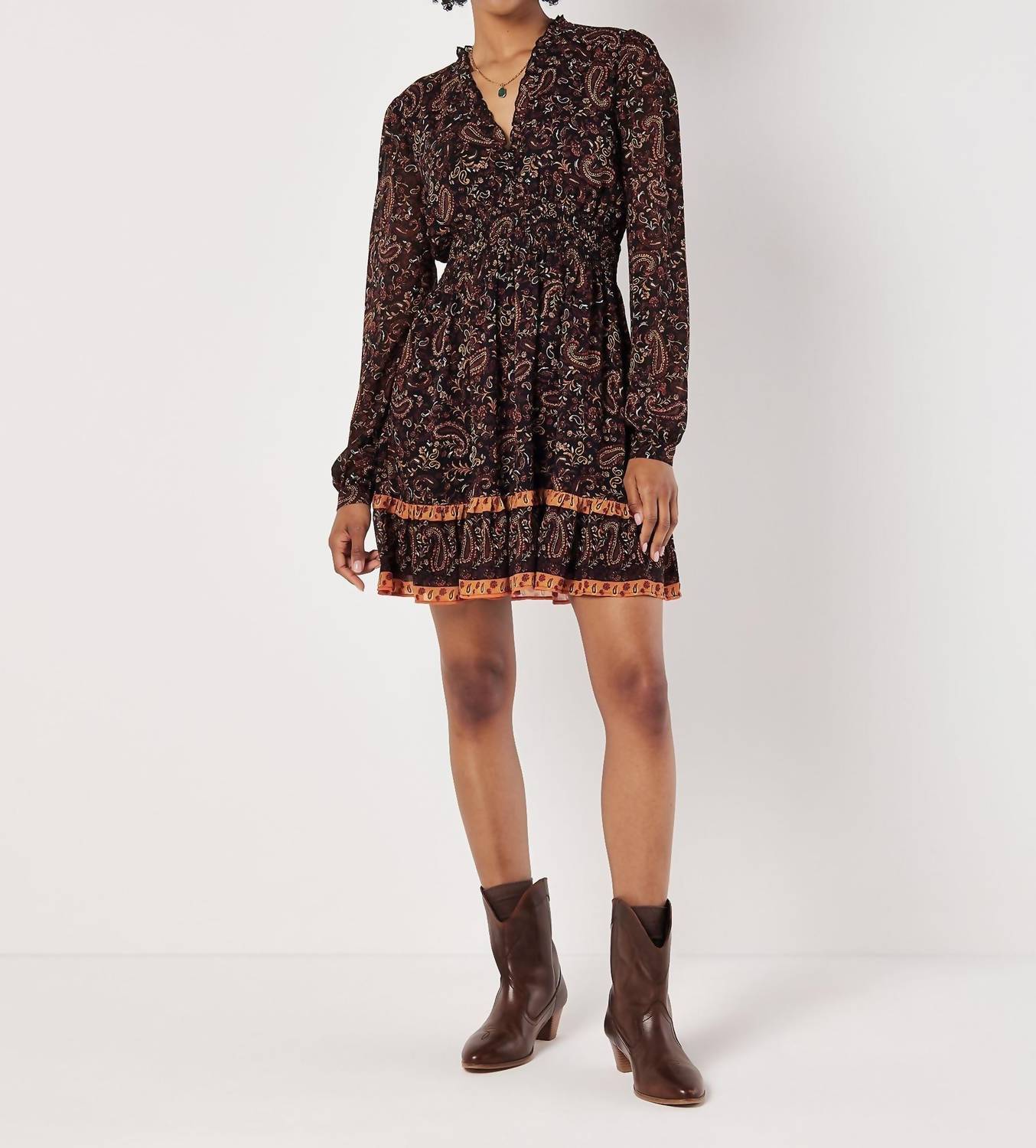 Apricot - Paisley Border Ruffle Dress