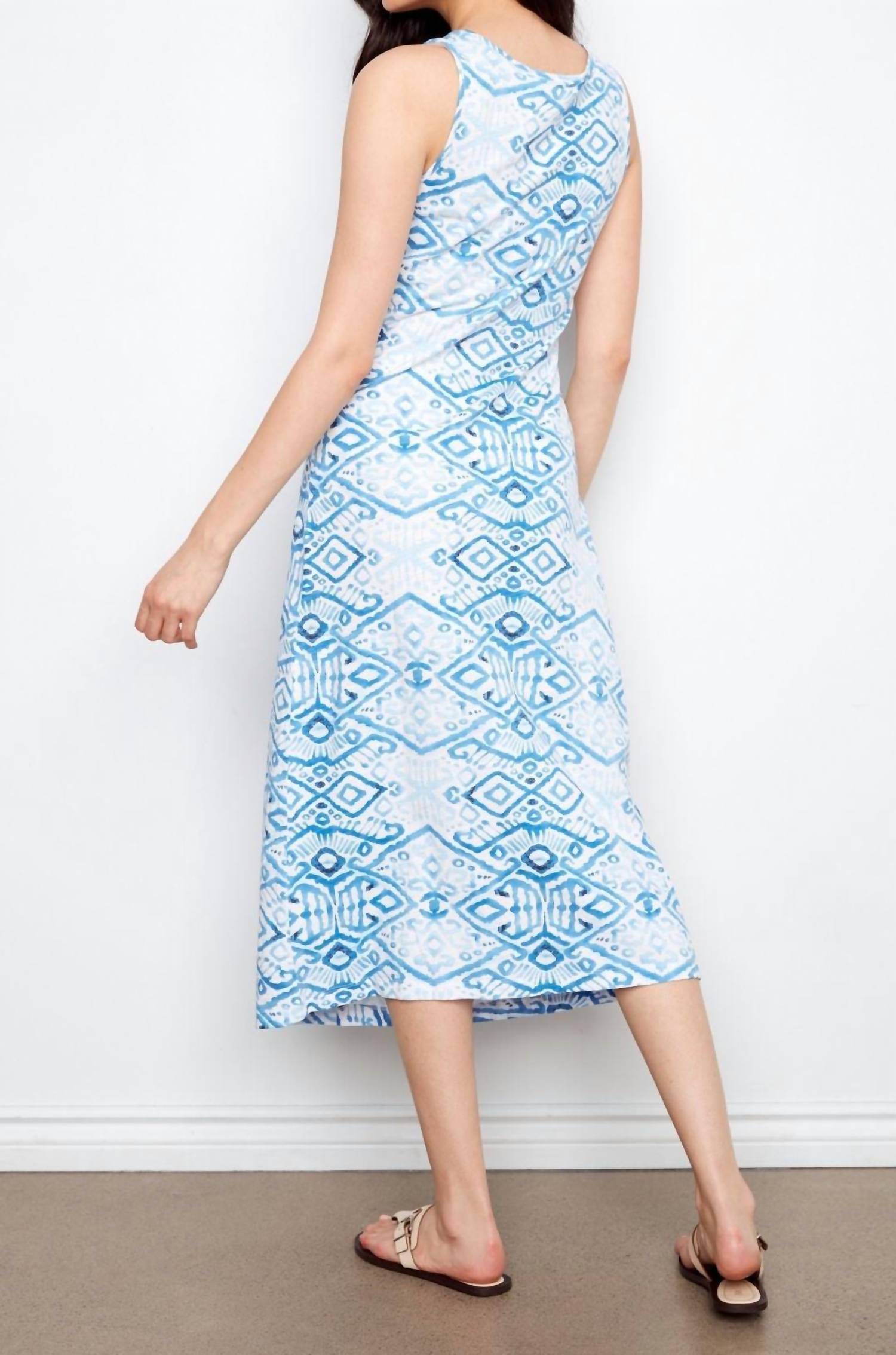 CHARLIE B Patterned Cotton Slub Faux Knot Midi Dress in border - women's dress - alternate view