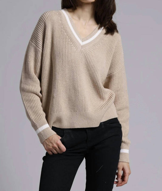 Minnie Rose - Women's Cotton Cashmere Shaker Relaxed V Neck Top