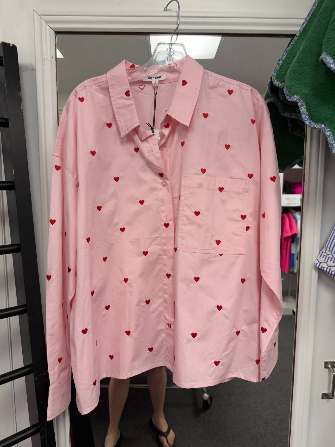 day + moon Women's Heart Embroidered Shirt in pink - women's shirt - detail view
