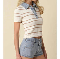 Olivaceous - Leni Striped Contrast Denim Collar Top