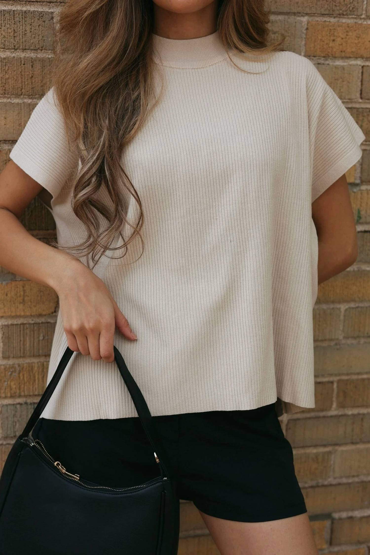 Zenana - Claire Ribbed Mockneck Short Sleeve Knit Top