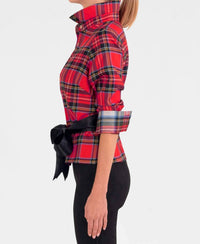 GRETCHEN SCOTT Plaid Button Down Top in red - women's long sleeve top - detail view