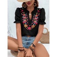 Rosa Clothing Women's Swiss Dot Puff Sleeve Floral Embroidery Top in black - women's blouse - detail view