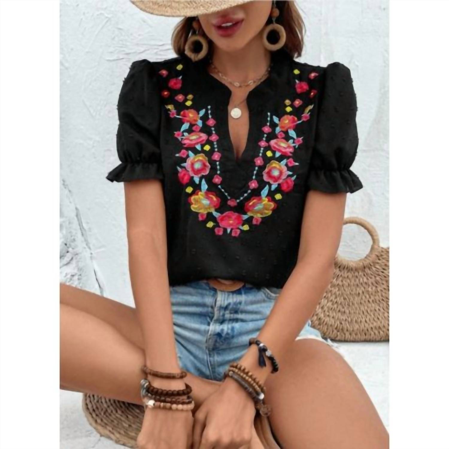 Rosa Clothing Women's Swiss Dot Puff Sleeve Floral Embroidery Top in black - women's blouse - detail view