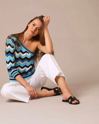 Minnie Rose - Cotton Cashmere Chevron Pointelle One Shoulder Top
