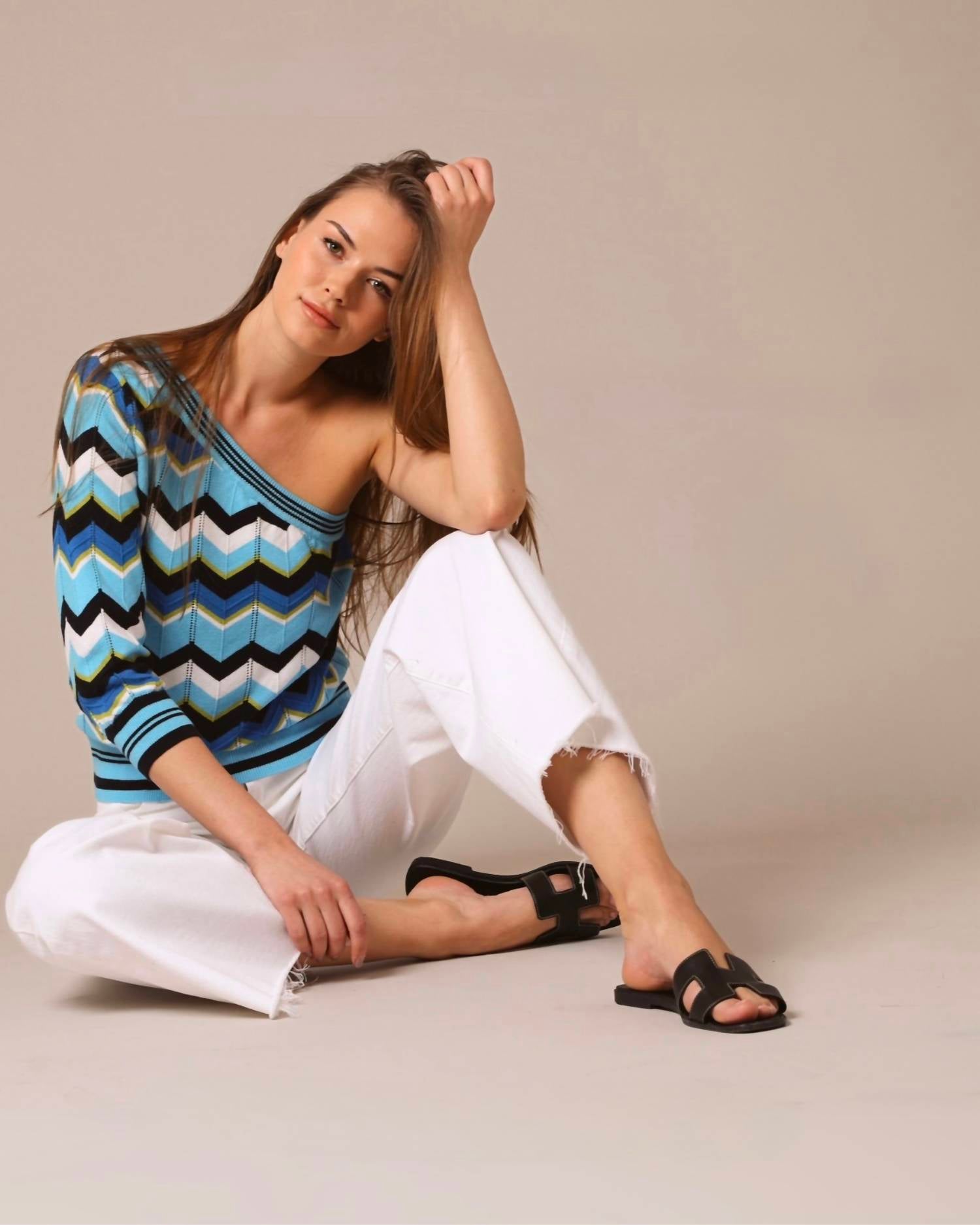 Minnie Rose - Cotton Cashmere Chevron Pointelle One Shoulder Top