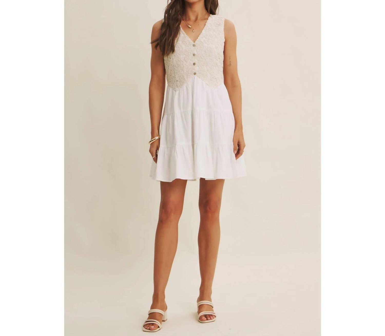 In February - French Picnic Mixed Media Crochet Mini Dress