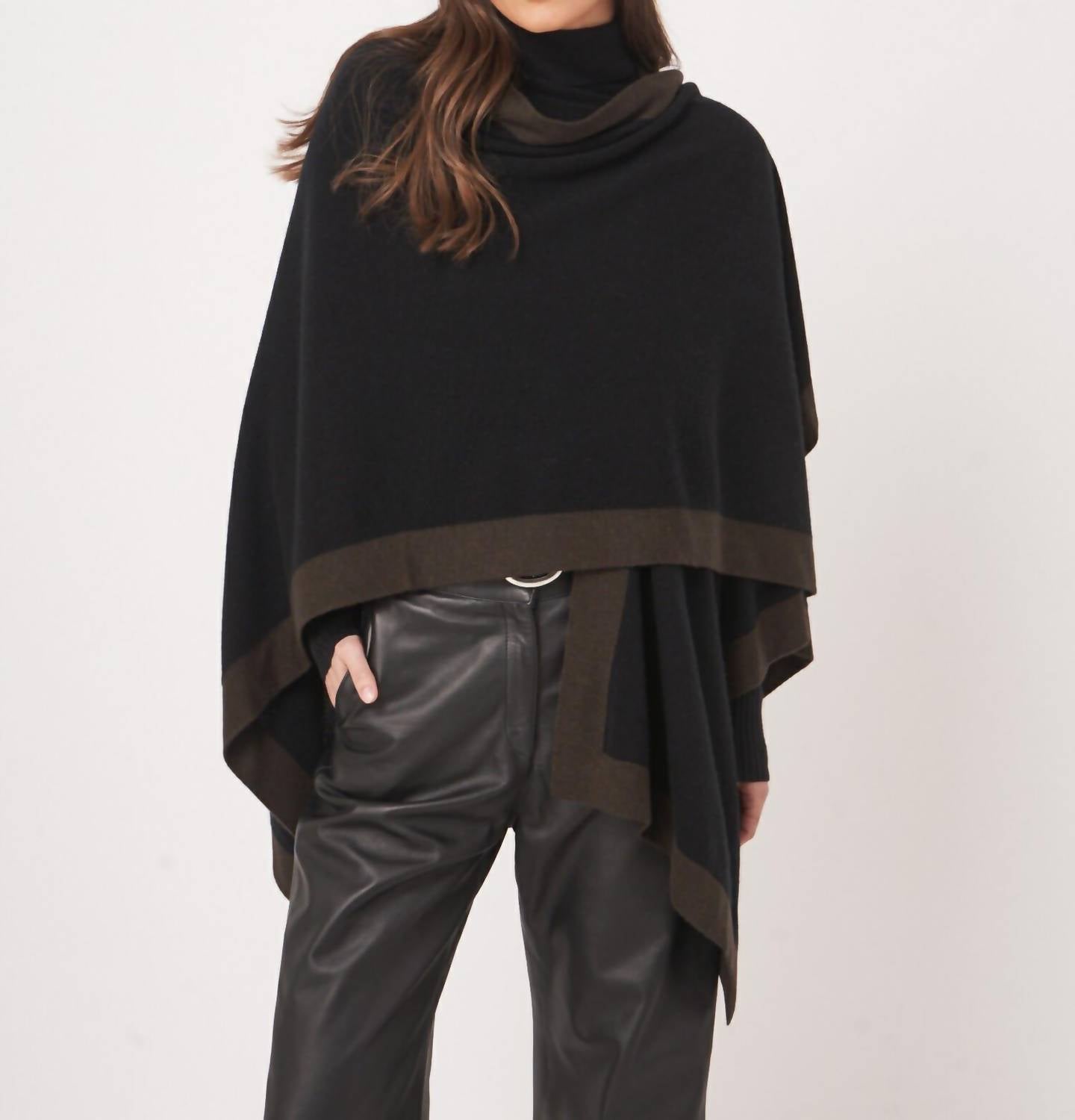 REPEAT cashmere Cashmere Blend Poncho With Contrast Border in black brown - women's sweater - view 5