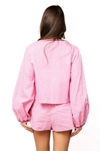 QUEEN OF SPARKLES Gingham Ruffle Heart Pocket Shorts in pink and white - women's shorts - alternate view