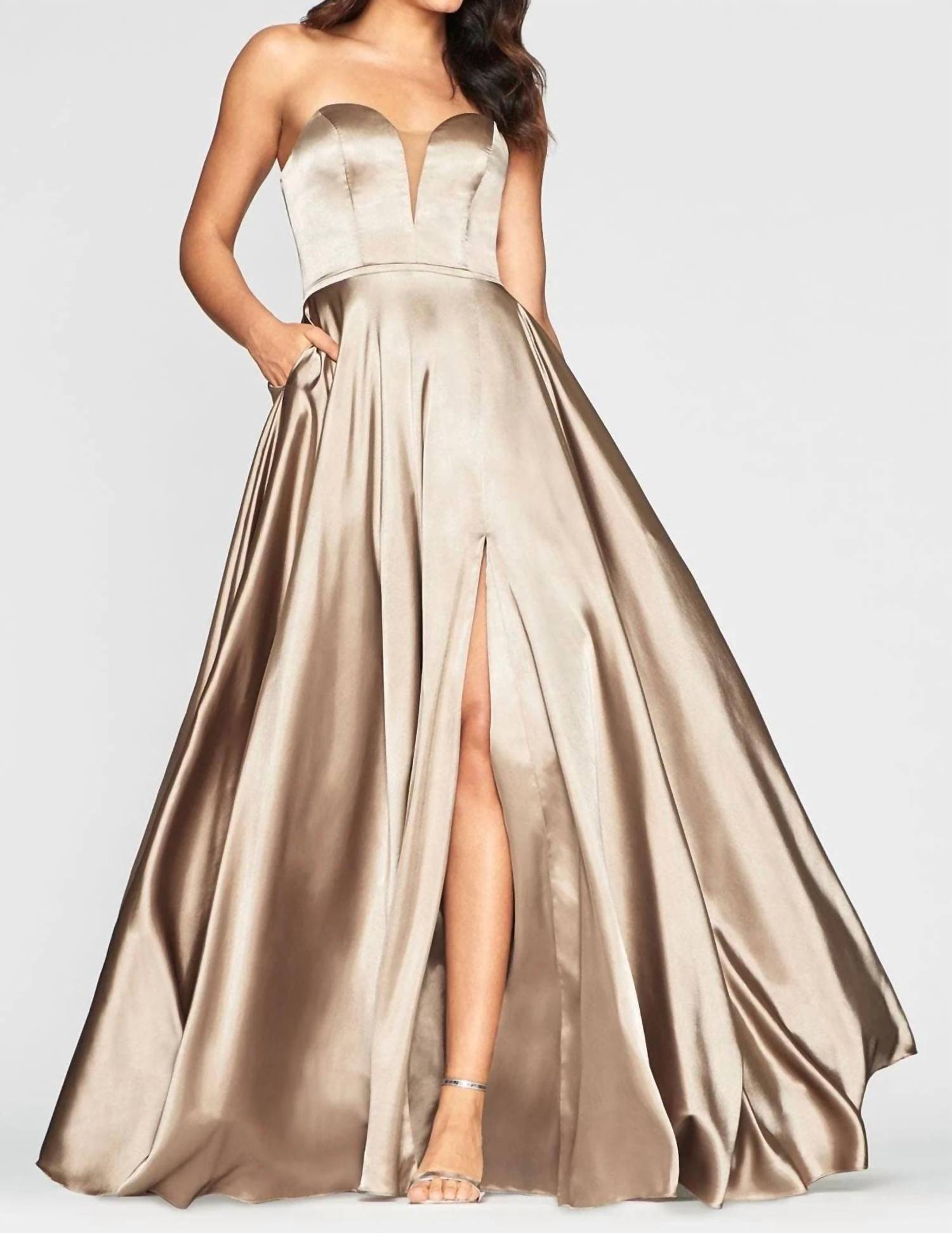 FAVIANA Long Charmeuse Strapless Dress in mocha - women's dress