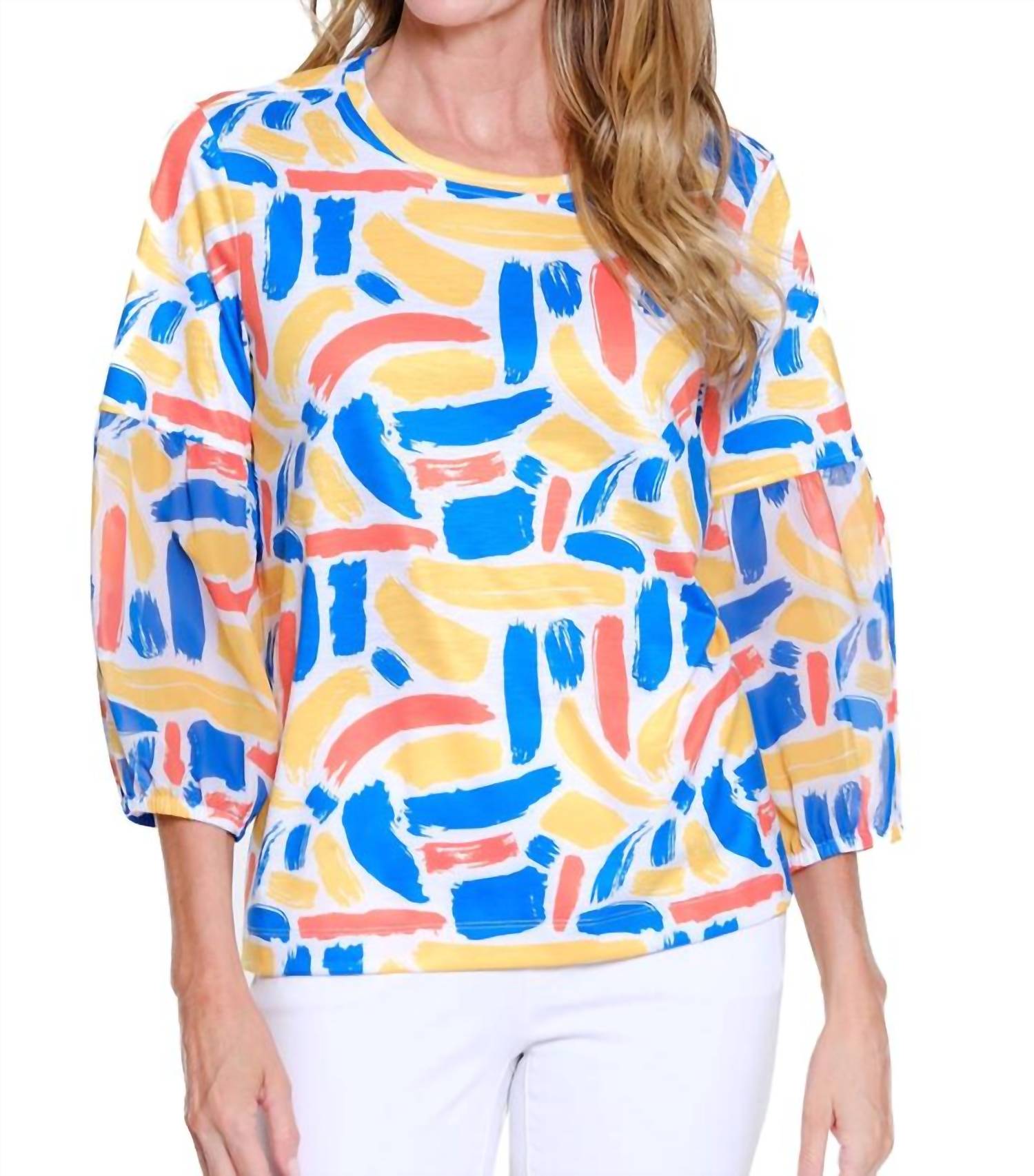 Multiples - Sunny Brushstroke Lantern Sleeve Top