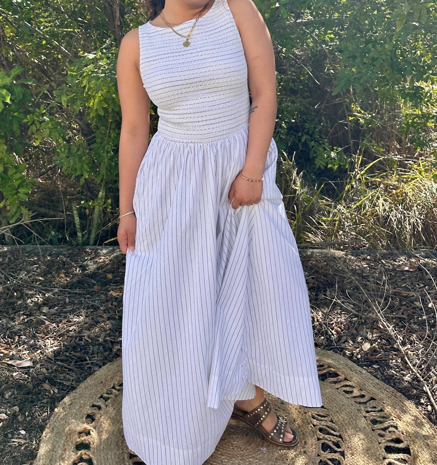 Stitch & Co. - Pinstripe Smocked Sleeveless Midi Dress